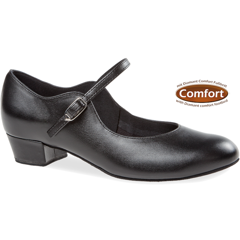 Chaussure de danse de salon pour femme Diamant 050-029-034 en cuir noir avec bout fermé et talon bloc de 2,8 cm.