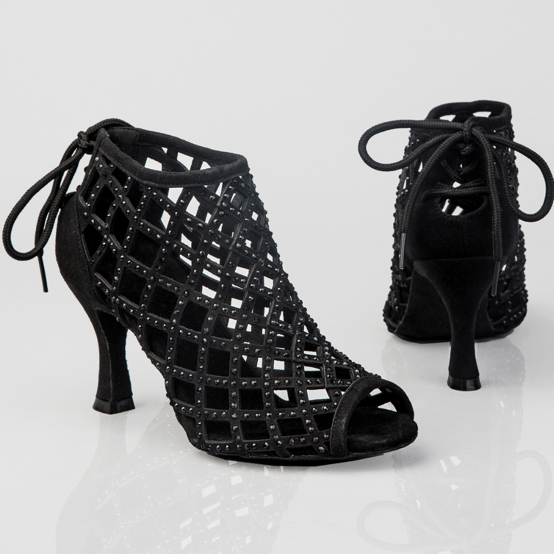 Felicia black peep-toe dance boots with lace-up back and rhinestones