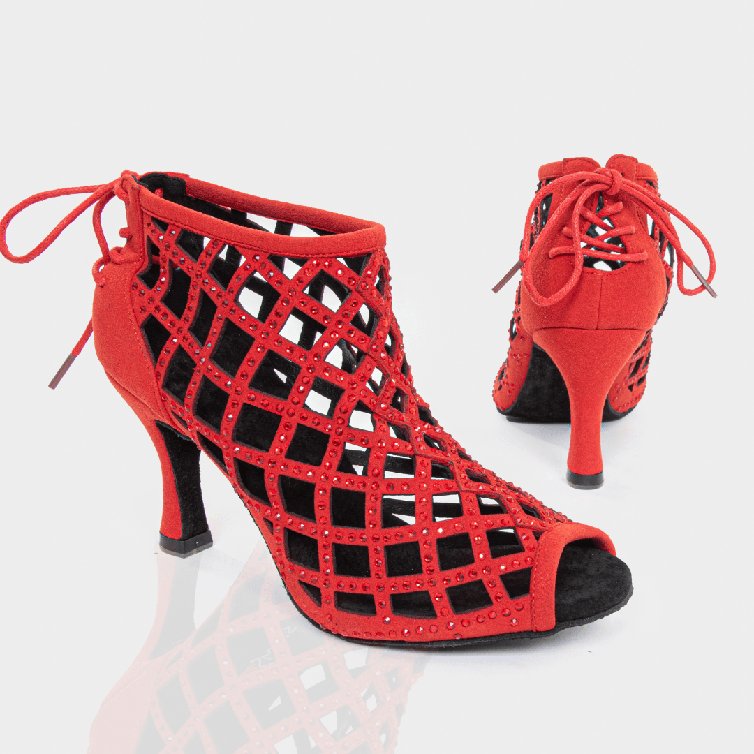 Felicia red peep-toe dance boots with lace-up back and rhinestones