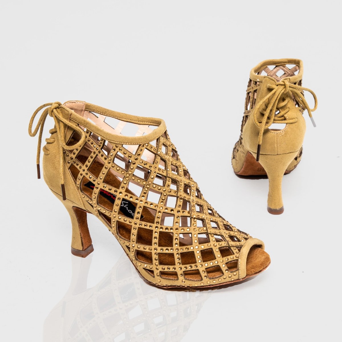 Felicia tan peep-toe dance boots with lace-up back and rhinestones